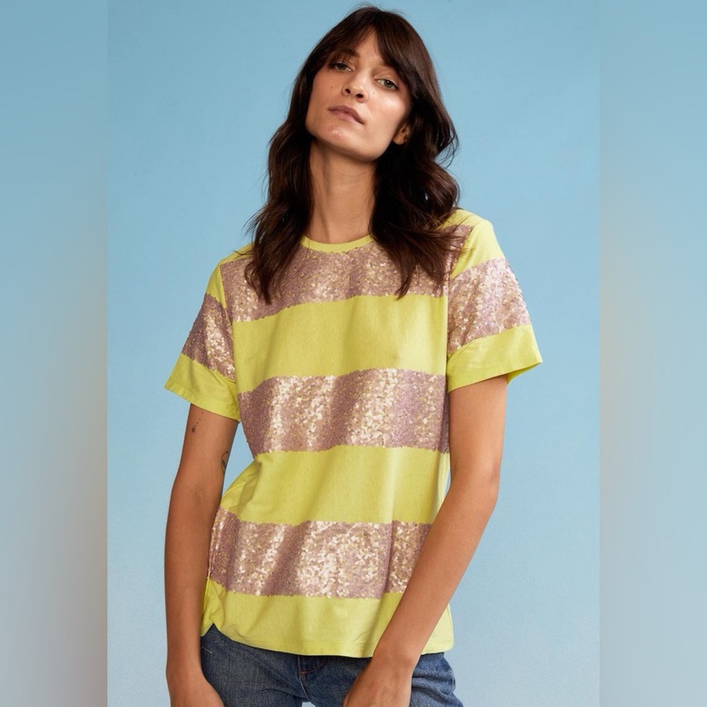Cynthia Rowley Sequin Stripe Short Sleeve t shirt top &$